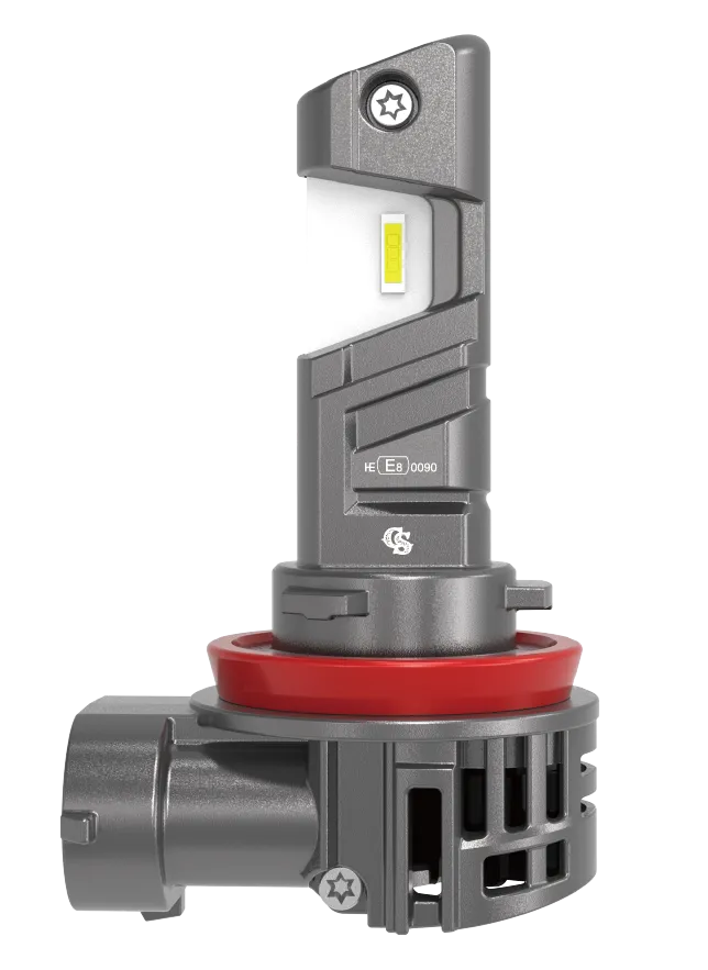 Left side view of H11 LED headlight bulb showing heat sink and socket design