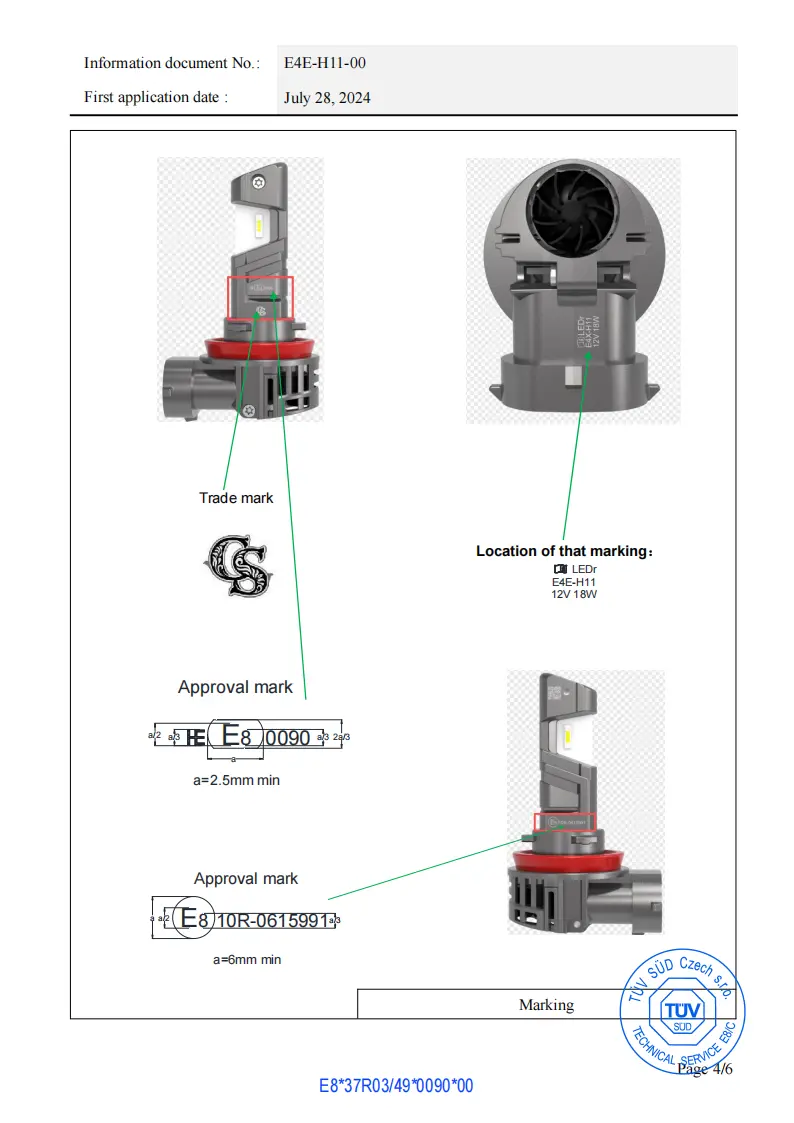 Official ECE R37 certificate for H11 series LED lamps, showing E4E E-mark approval for street-legal use in Europe
