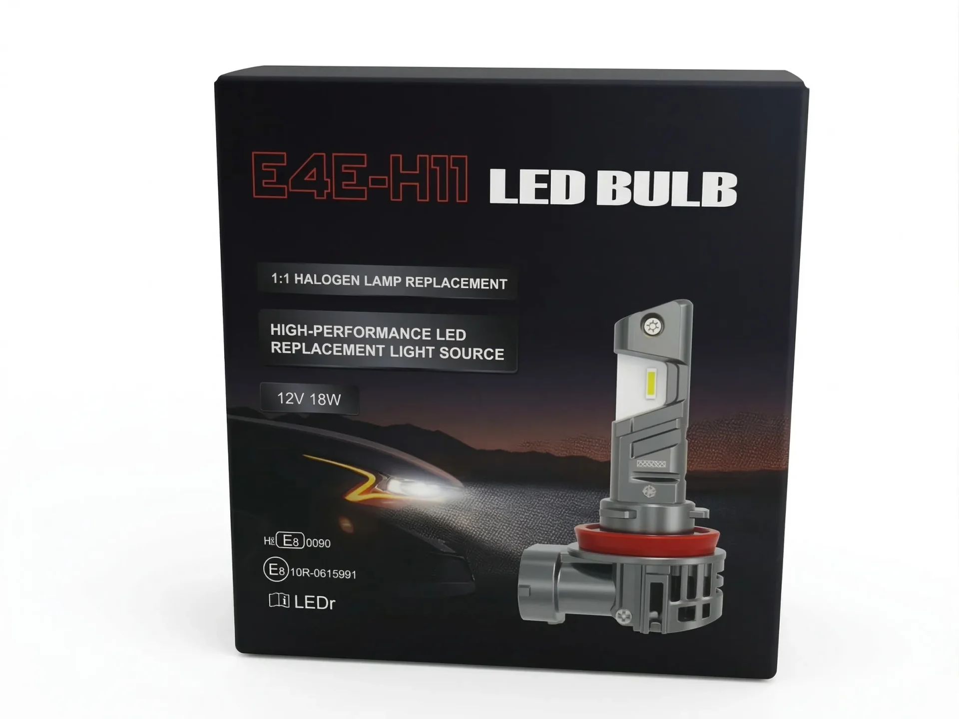 Front view of H11 LED bulb packaging box showing ECE R37 and E4 certification marks