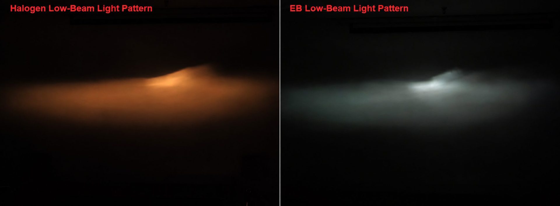 Low-beam pattern comparison of H11 halogen and AZMK EB H11 LEDr in the same reflector lamp at 25 metres
