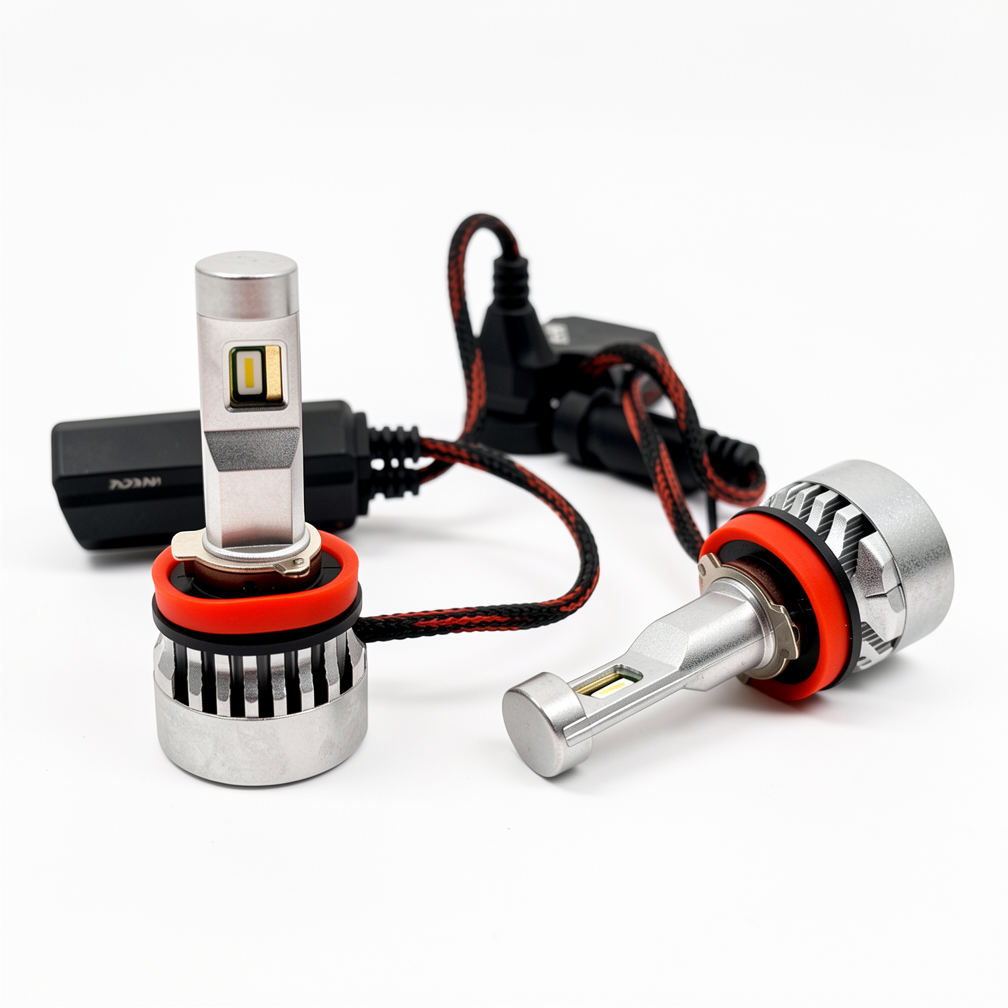 LEDOAUTO EB Series road legal H11 LEDr bulb front view, featuring ECE R37 compliant 1:1 light source positioning
