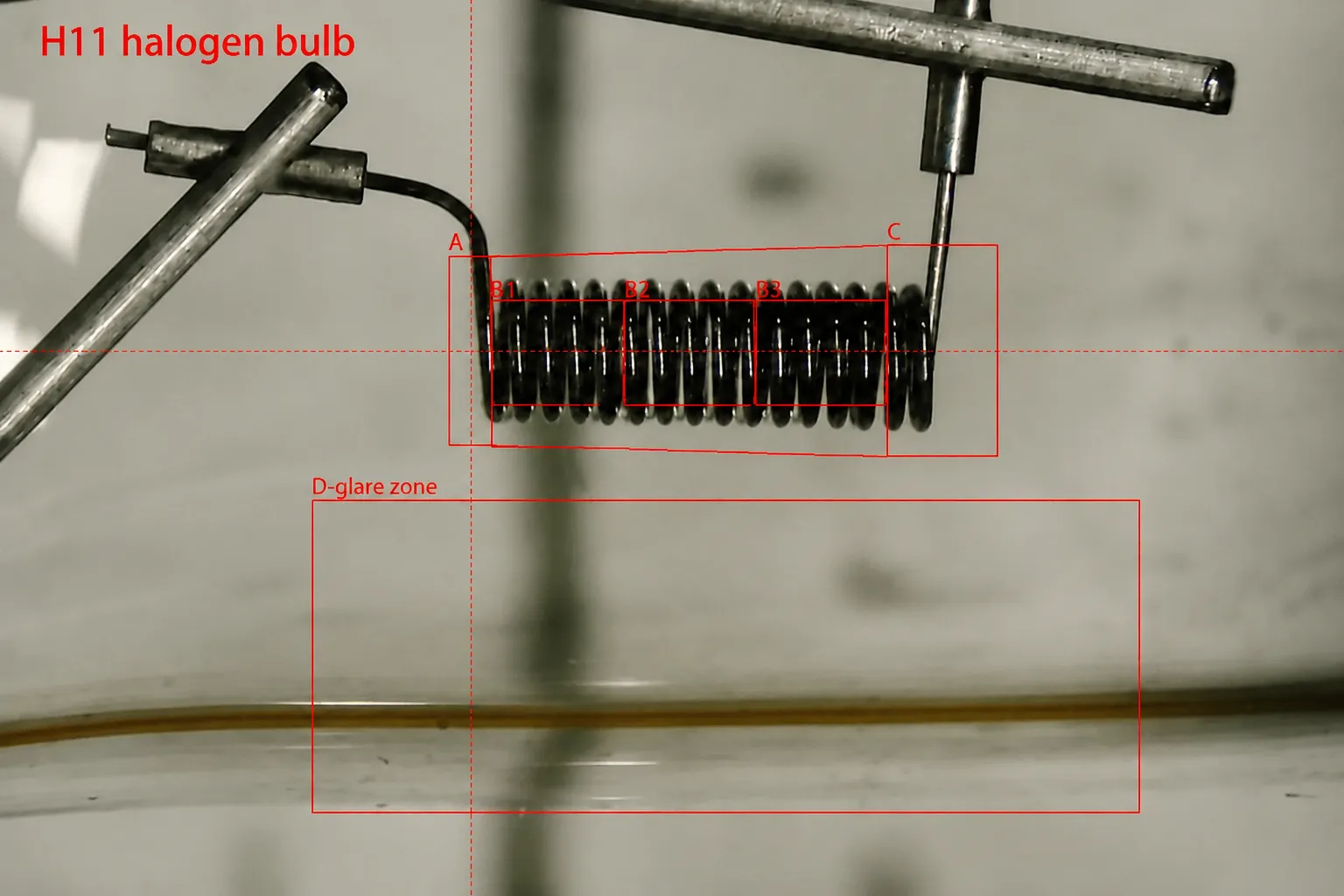 H11 halogen bulb structure showing the filament reference position used by ECE R37