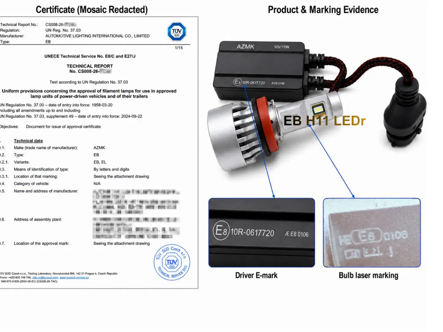 LEDOAUTO EB H11 LEDr bulb marking with category name, LEDr marking and approval number matched to the ECE R37 certificate