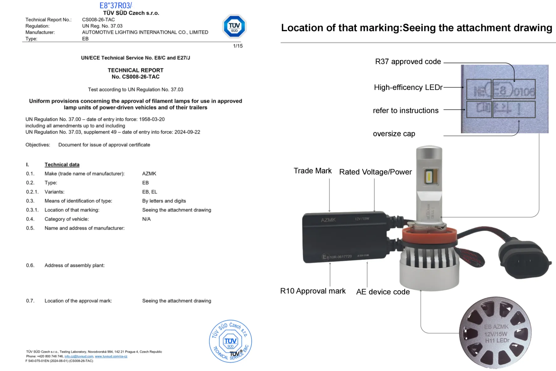 H11 LEDr bulb marking matched to its ECE R37 approval communication