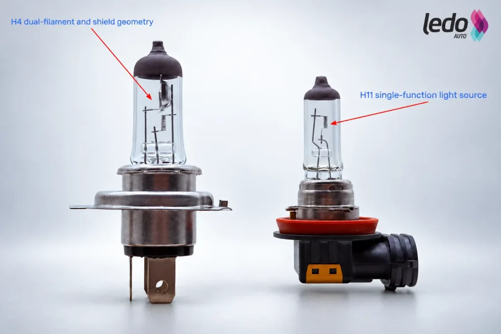 H4 dual-filament and shield geometry compared with an H11 single-function light source