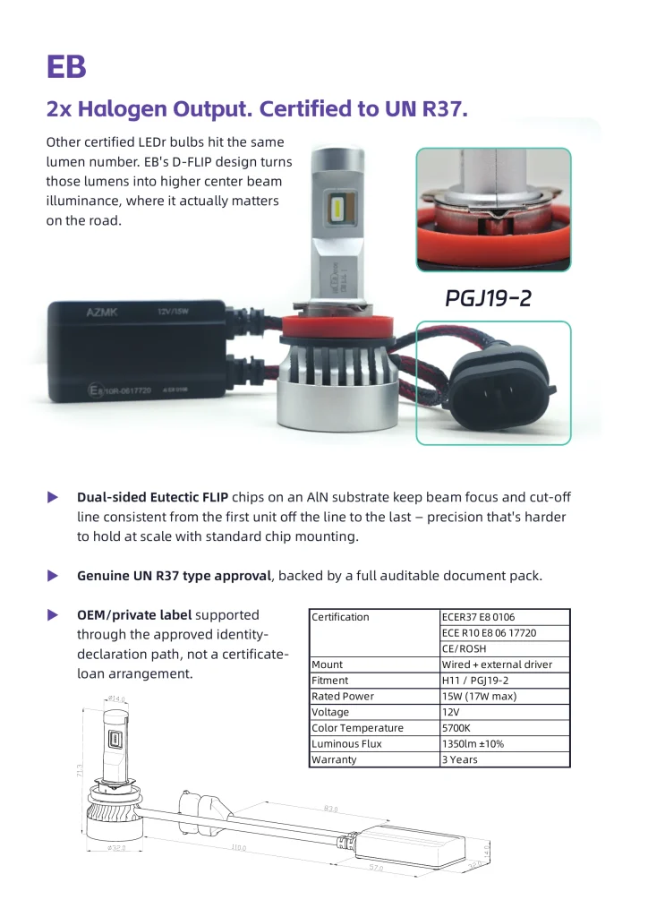 LEDO EB ECE R37 certified H11 automotive LED replacement bulb