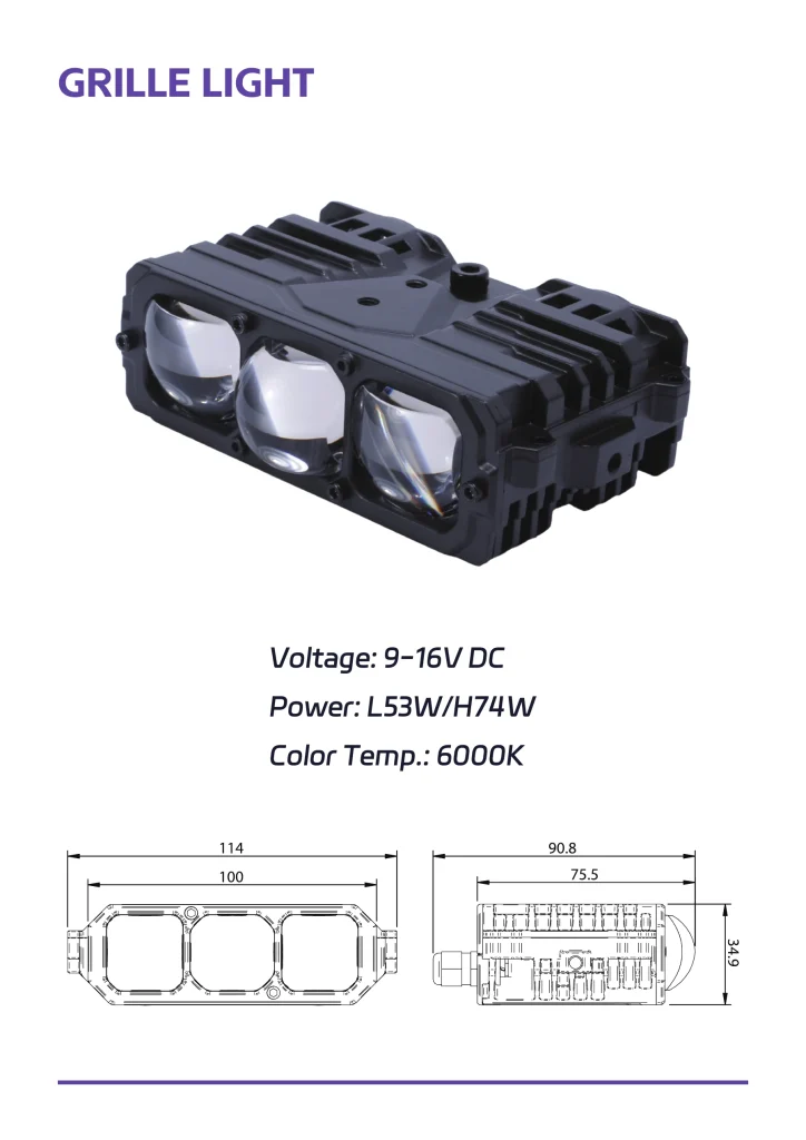 LEDO three-lens automotive grille light with dimensions and electrical specifications