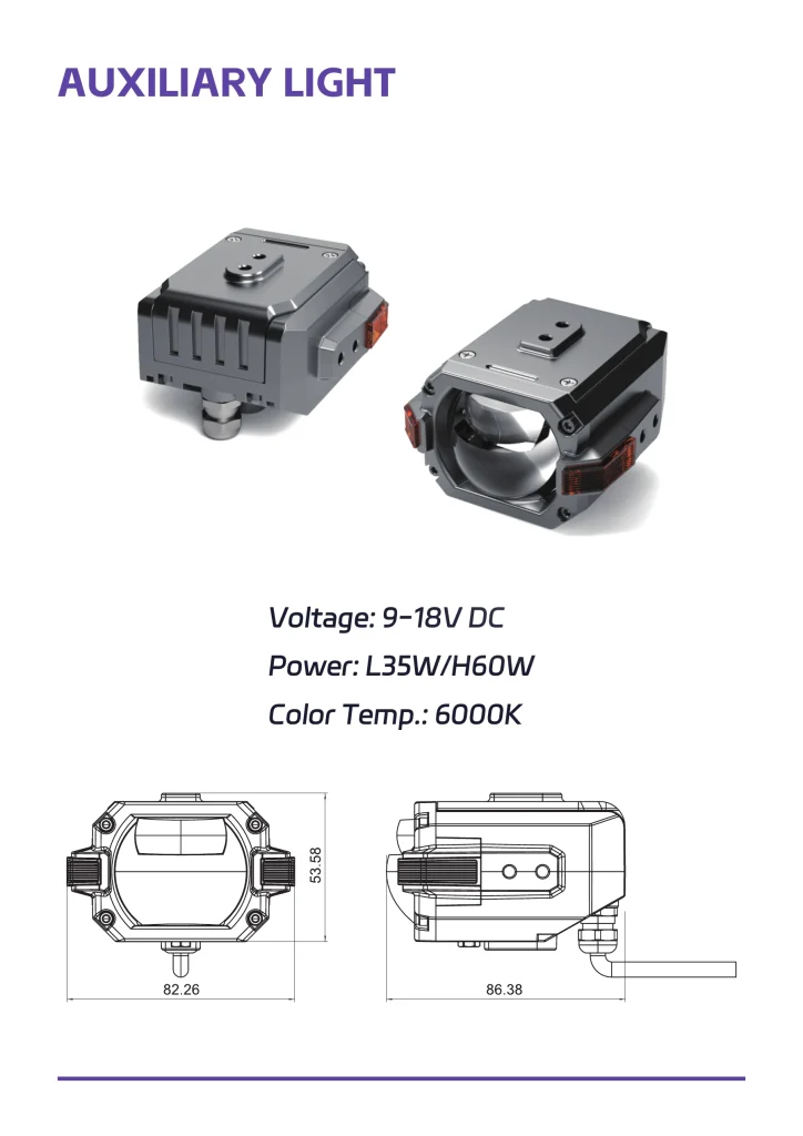 LEDO dual-lens auxiliary vehicle light with dimensions and specifications