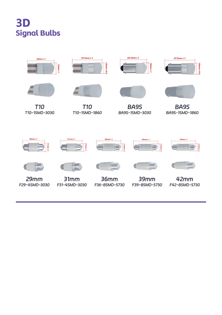 LEDO 3D automotive signal bulbs in T10 and BA9S fitments and multiple lengths